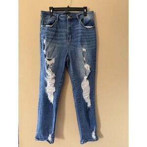 Risen Straight Leg Denim Jeans High Rise Distressed Women's Size 1x 16 Stretchy